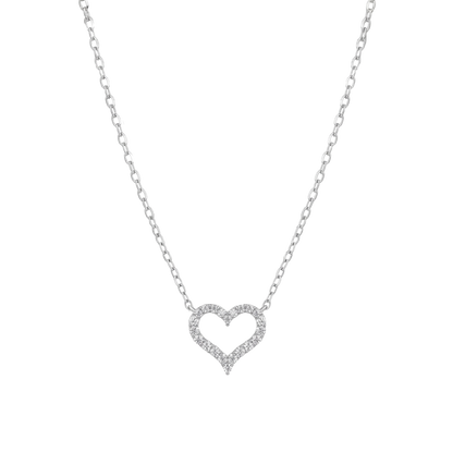 Front view of Sarah heart moissanite sterling silver necklace with rhodium plated finish and 0.6ct VVS D color pavé stones.
