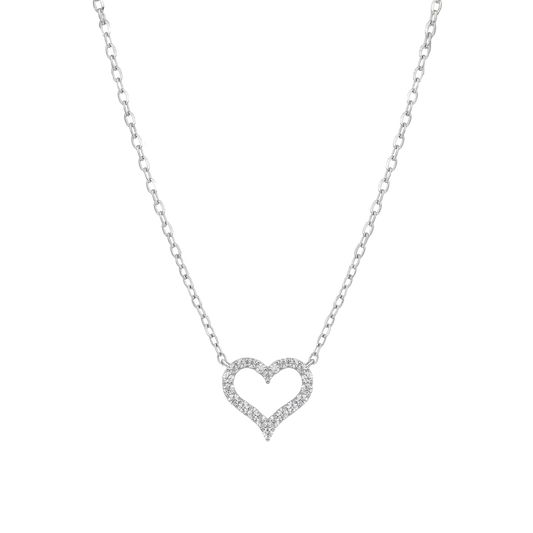 Front view of Sarah heart moissanite sterling silver necklace with rhodium plated finish and 0.6ct VVS D color pavé stones.