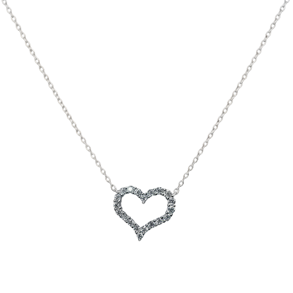 Front view of Sarah heart moissanite sterling silver necklace with rhodium plated finish and 0.6ct VVS D color pavé stones.