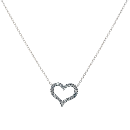 Front view of Sarah heart moissanite sterling silver necklace with rhodium plated finish and 0.6ct VVS D color pavé stones.
