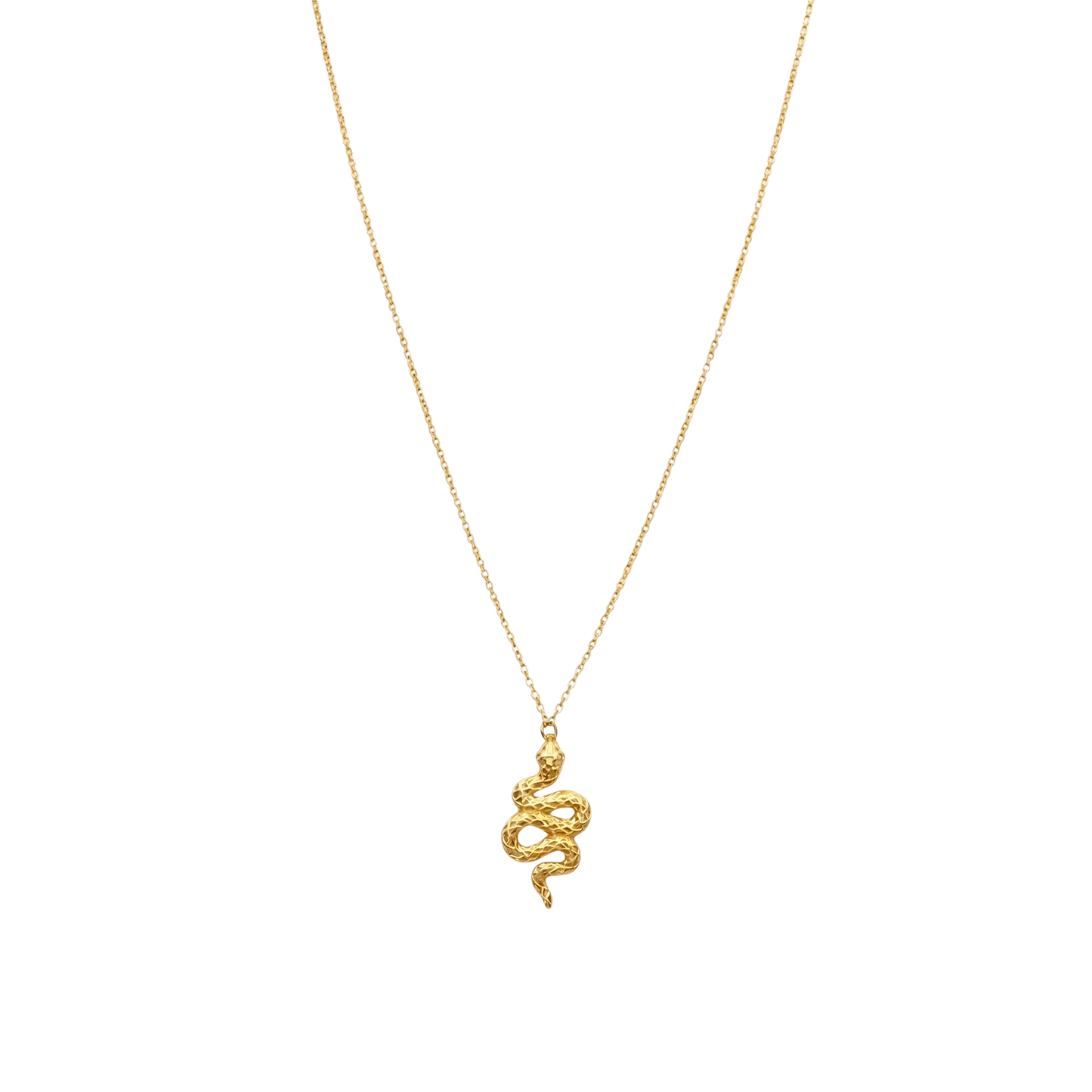 Front view of Serpentina snake necklace crafted from sterling silver with 18K gold plating and zircon detail. Unique symbolic silver jewelry piece.