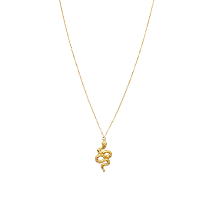 Front view of Serpentina snake necklace crafted from sterling silver with 18K gold plating and zircon detail. Unique symbolic silver jewelry piece.