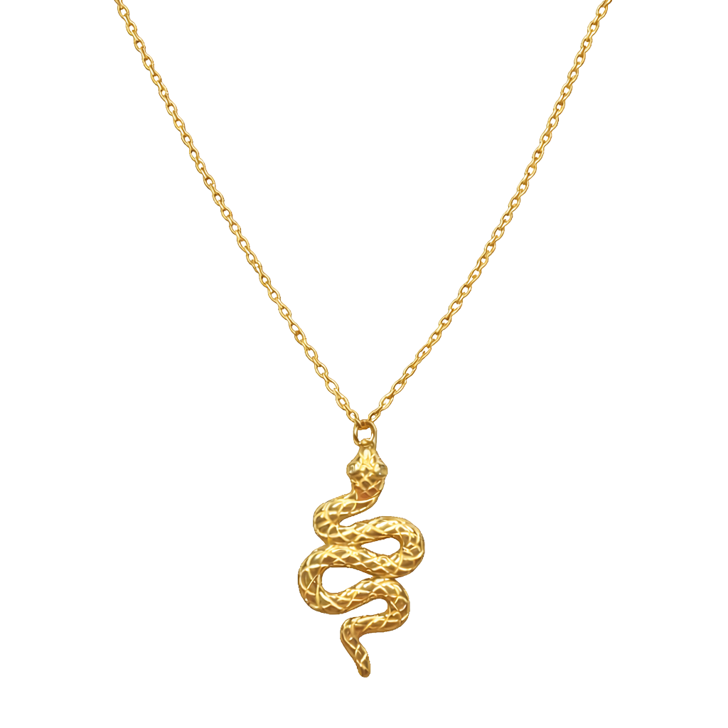 Front view of Serpentina snake necklace crafted from sterling silver with 18K gold plating and zircon detail. Unique symbolic silver jewelry piece.