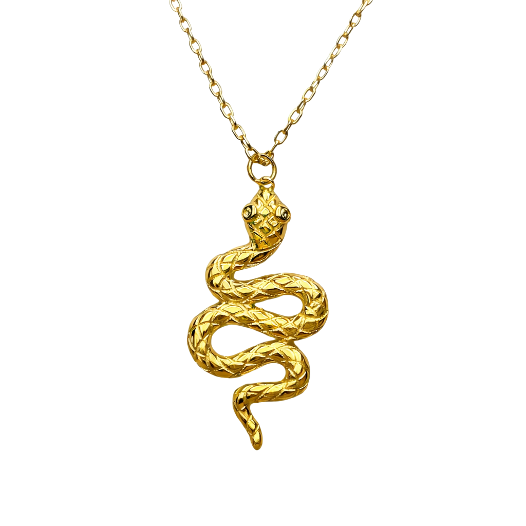 Close-up detail of zircon stone and textured snake design on the Serpentina sterling silver necklace with 18K gold plating.