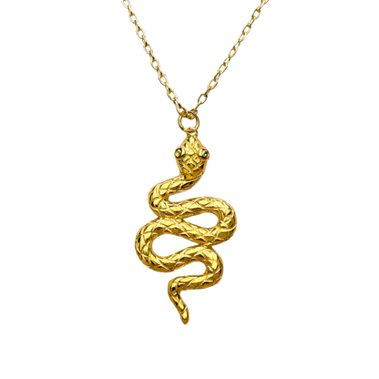 Close-up detail of zircon stone and textured snake design on the Serpentina sterling silver necklace with 18K gold plating.
