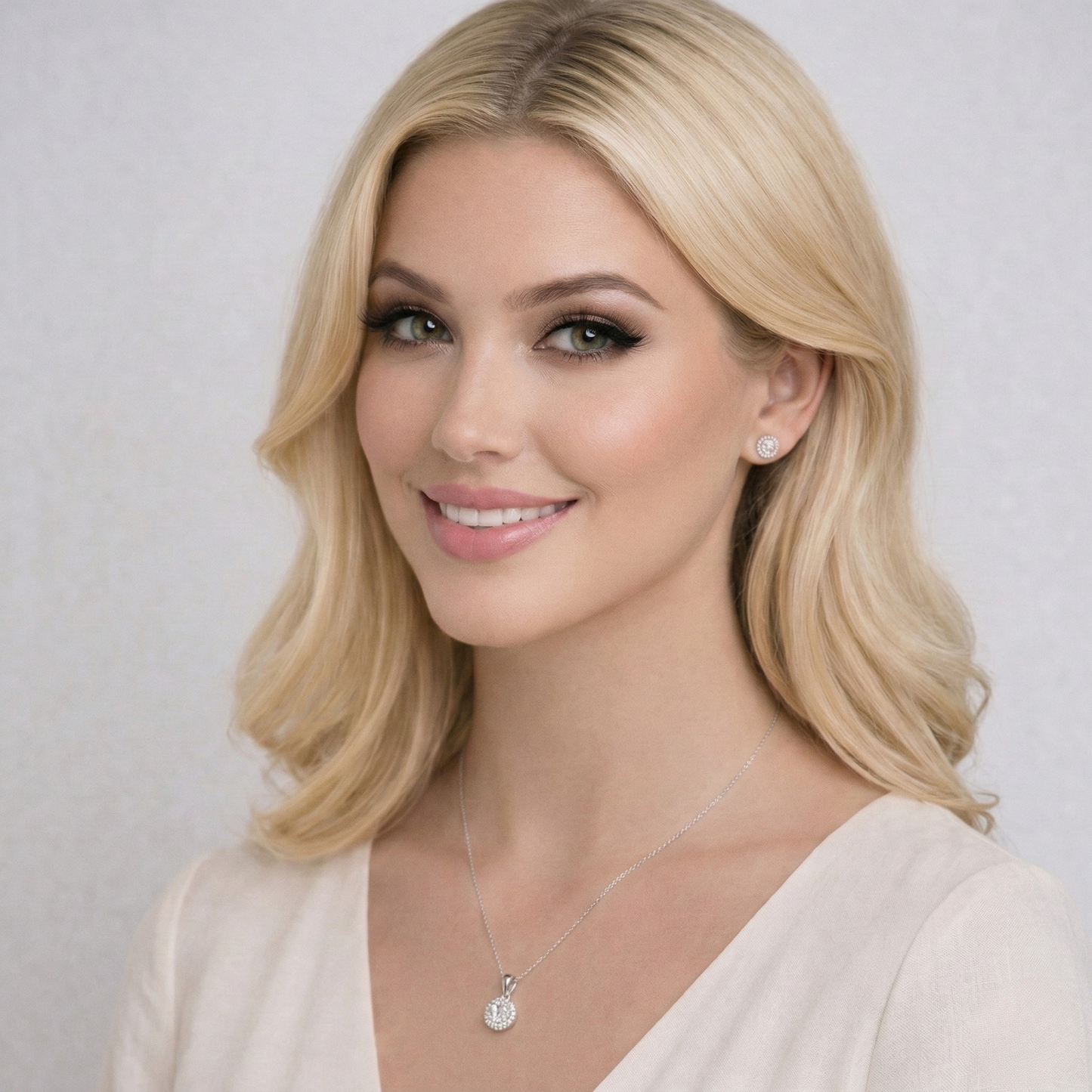 Fine silver jewelry – sterling silver moissanite halo stud earrings with round brilliant cut center stone and rhodium plated finish.