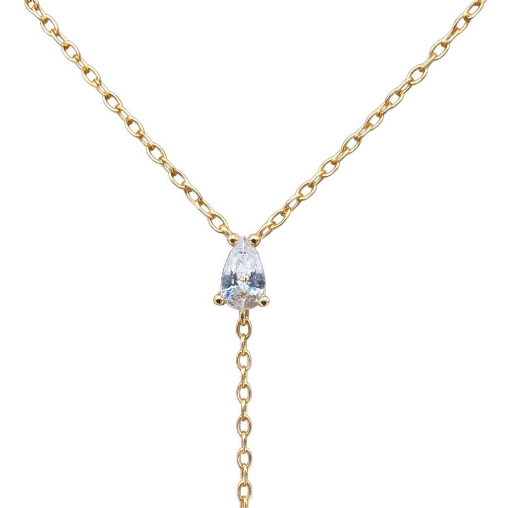 Sophie lariat style necklace crafted from sterling silver, 18k gold plated with sparkling zircon drop.