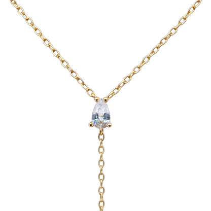 Sophie lariat style necklace crafted from sterling silver, 18k gold plated with sparkling zircon drop.