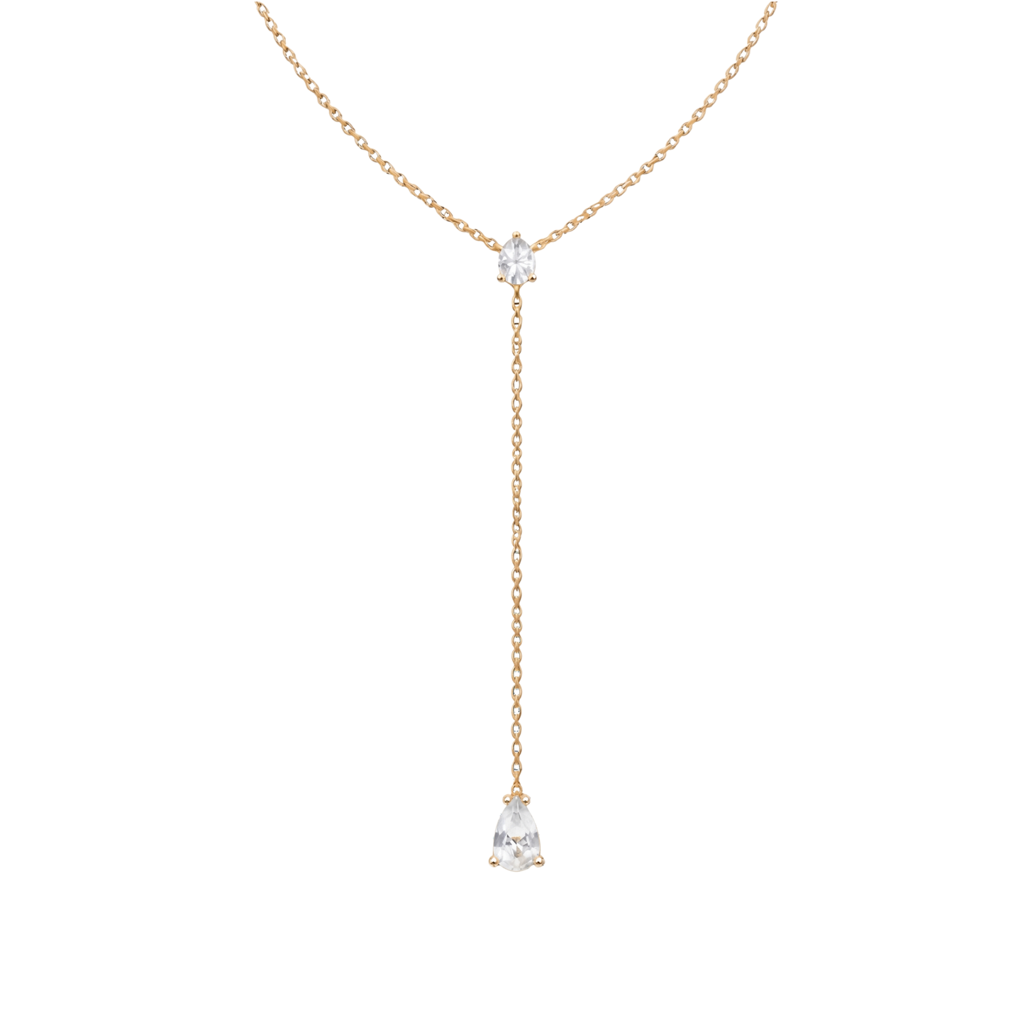 18K gold plated sterling silver Y drop necklace with round and pear cut zircon stones, elegant silver jewelry design.