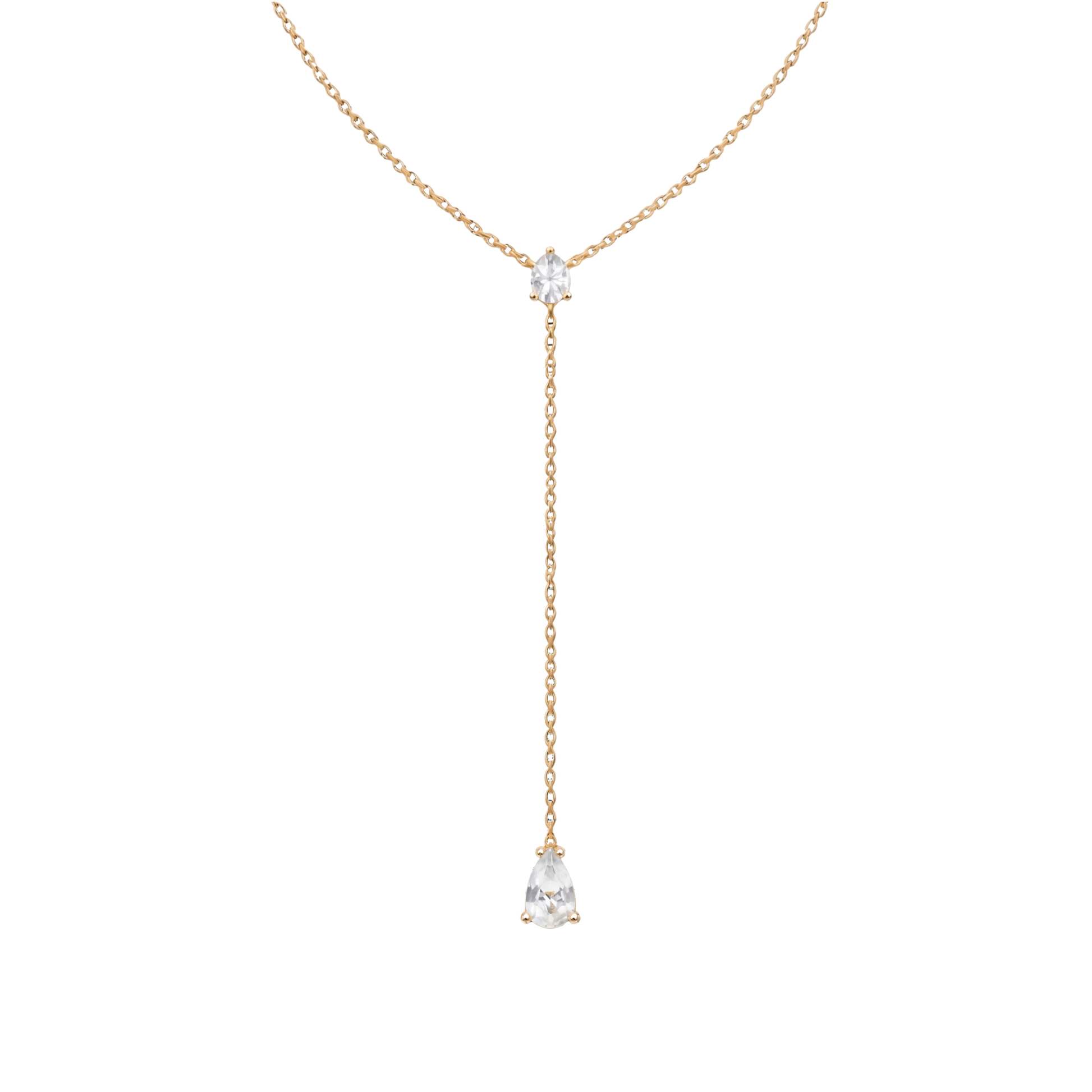 18K gold plated sterling silver Y drop necklace with round and pear cut zircon stones, elegant silver jewelry design.