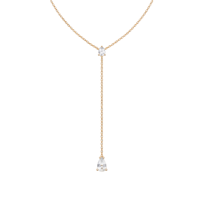18K gold plated sterling silver Y drop necklace with round and pear cut zircon stones, elegant silver jewelry design.
