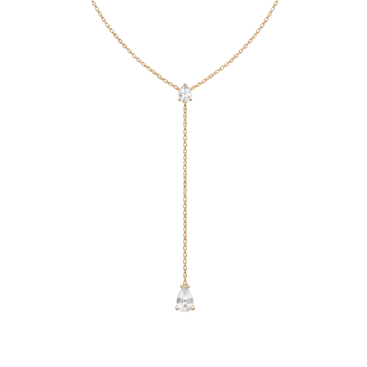 18K gold plated sterling silver Y drop necklace with round and pear cut zircon stones, elegant silver jewelry design.