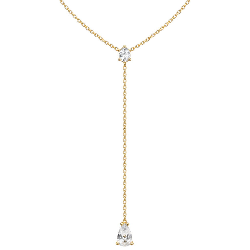 18K gold plated sterling silver Y drop necklace with round and pear cut zircon stones, elegant silver jewelry design.
