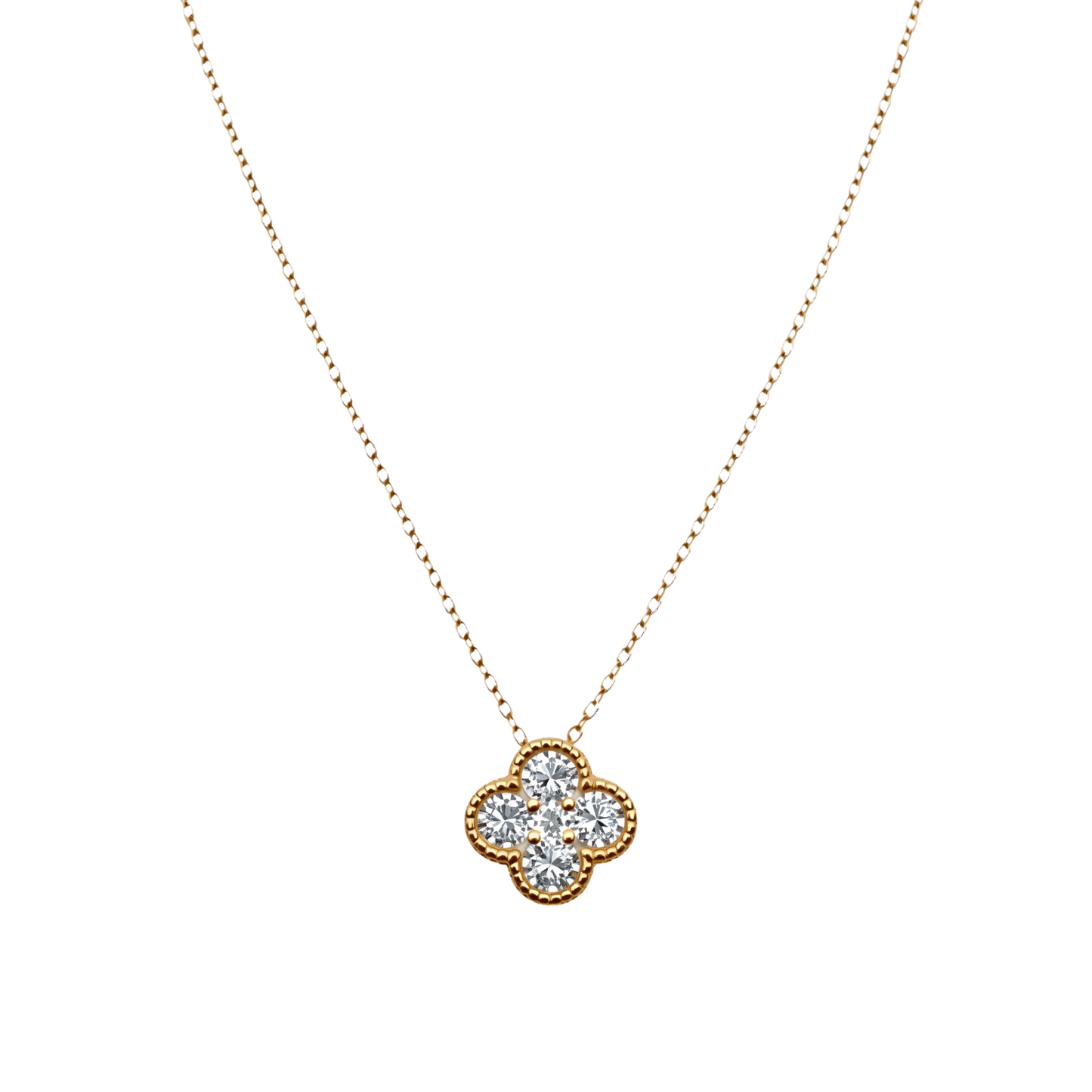 Stella clover zircon necklace made of sterling silver S925 with rich 18k gold plated finish and brilliant sparkling zircon stones.