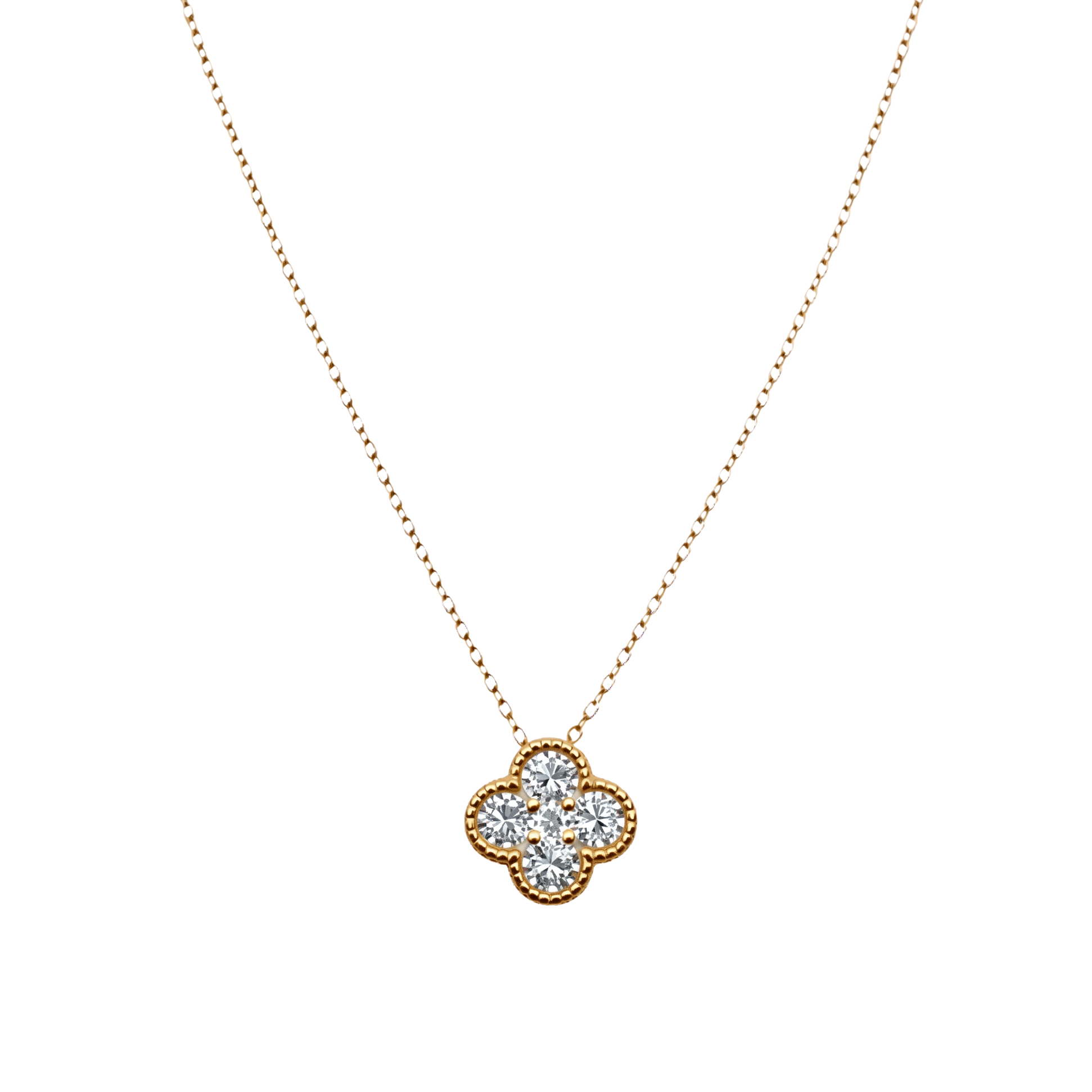 Stella clover zircon necklace made of sterling silver S925 with rich 18k gold plated finish and brilliant sparkling zircon stones.