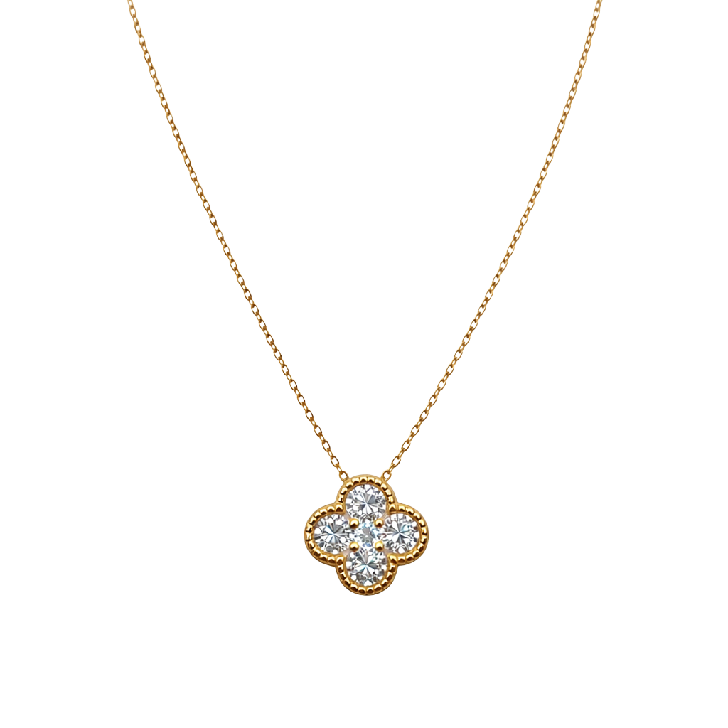 Stella clover zircon necklace made of sterling silver S925 with rich 18k gold plated finish and brilliant sparkling zircon stones.