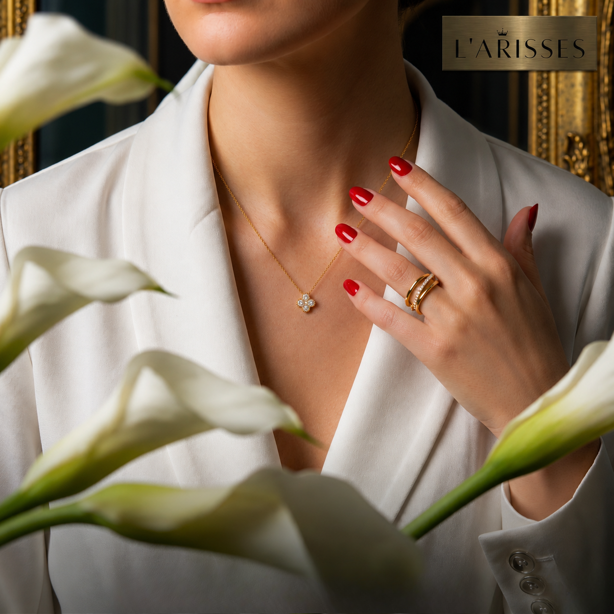 Luxury gold plated clover necklace with high sparkle zircon stones, sterling silver S925 base and timeless jewelry design.