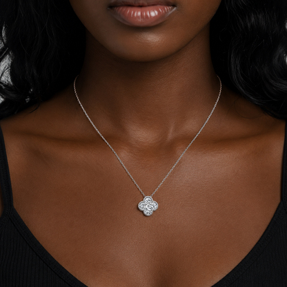 Luxury sterling silver clover necklace with brilliant zircon stones, rhodium plated for durability and hypoallergenic wear.