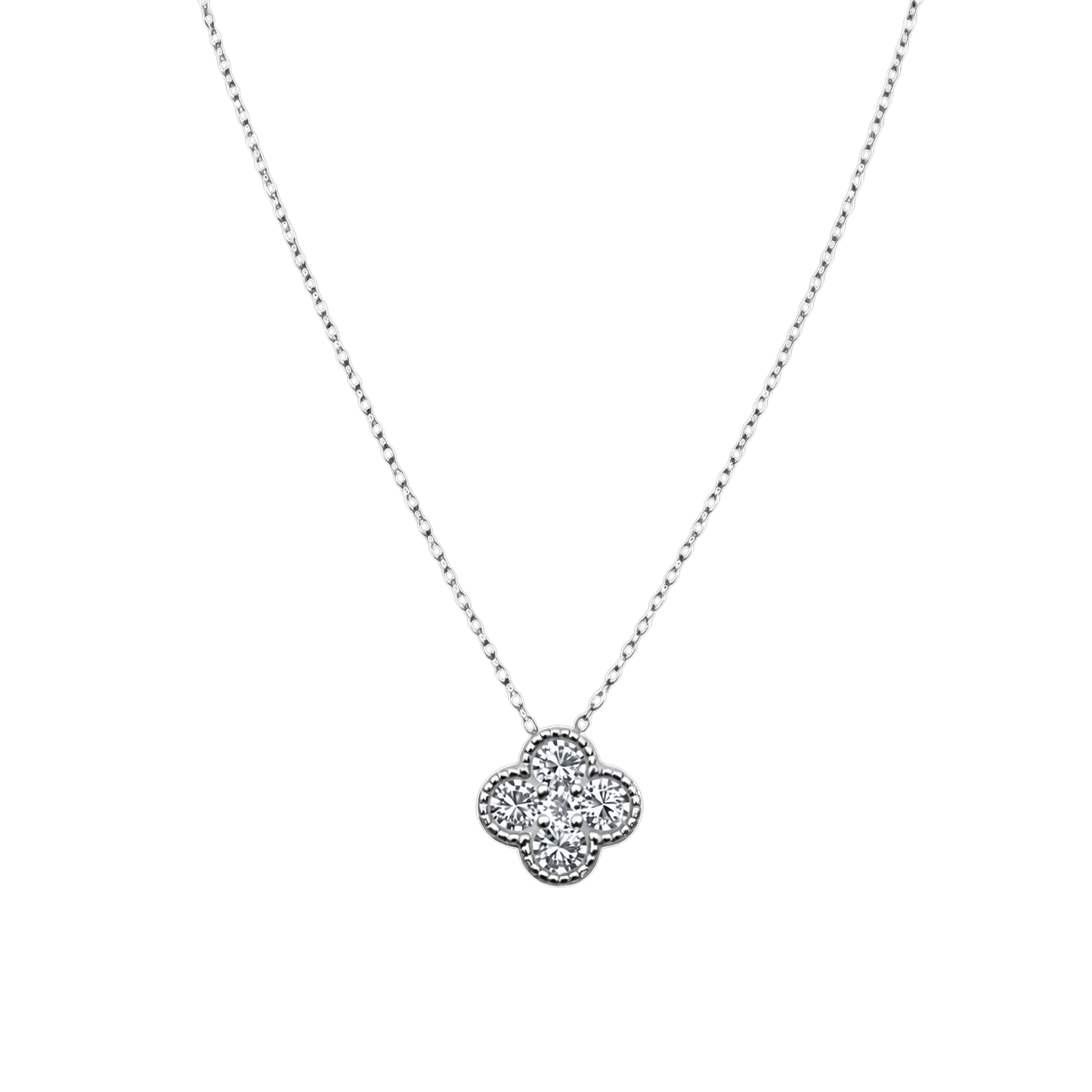 Stella clover zircon necklace crafted from sterling silver S925 with rhodium plated finish for bright shine and tarnish resistance.