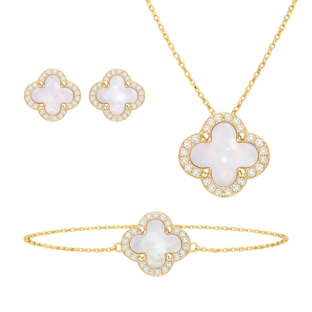 Matching clover necklace, bracelet, and stud earrings jewelry set crafted from S925 sterling silver and 18K gold plating. Classic women’s jewelry set with elegant clover design.