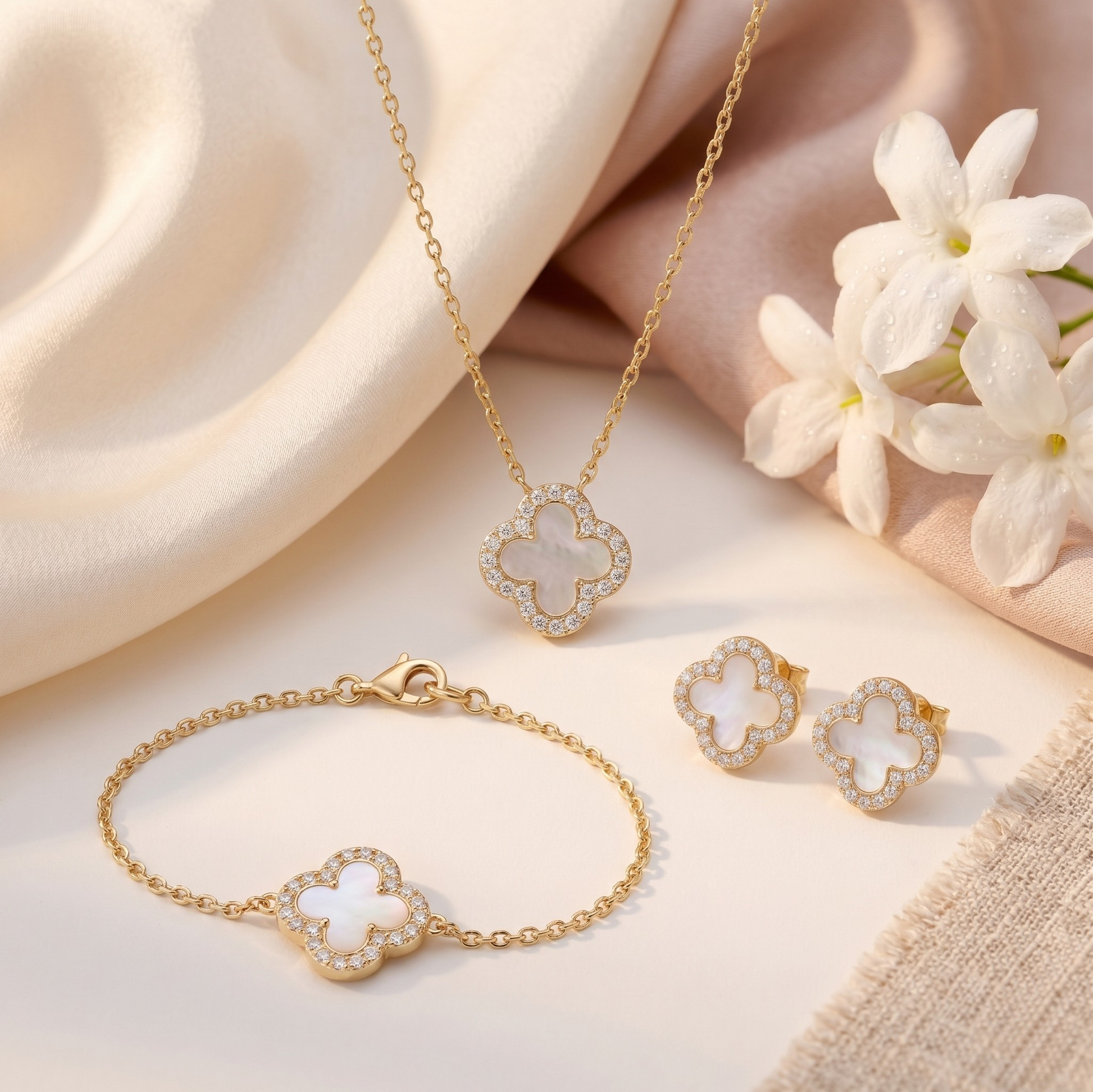 Matching clover necklace, bracelet, and stud earrings jewelry set crafted from S925 sterling silver and 18K gold plating. Classic women’s jewelry set with elegant clover design.