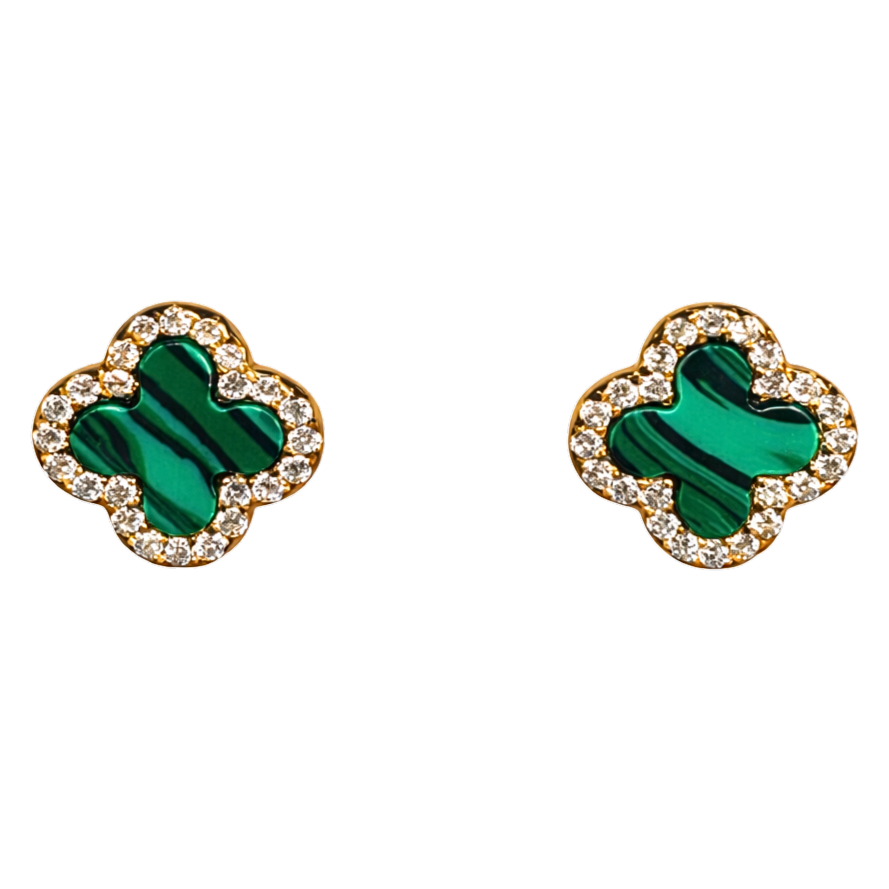 Front view of Stephanie clover stud earrings in S925 sterling silver with 18K gold plating, featuring green malachite and zircon halo.