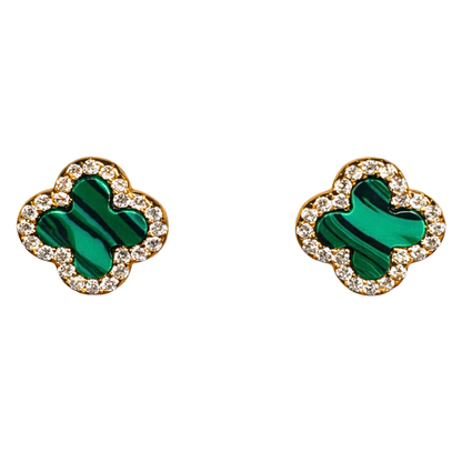 Front view of Stephanie clover stud earrings in S925 sterling silver with 18K gold plating, featuring green malachite and zircon halo.