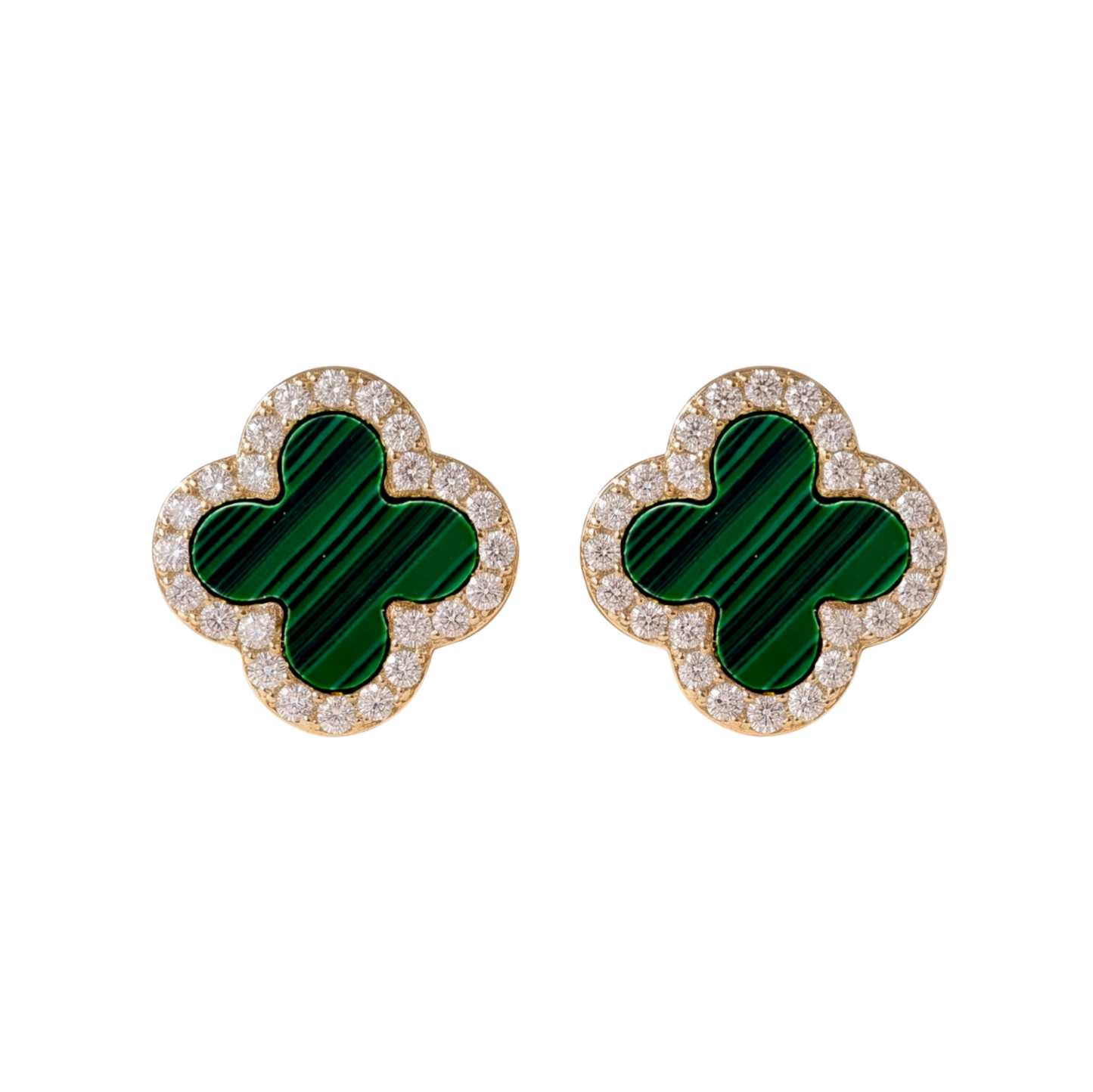 Front view of Stephanie clover stud earrings in S925 sterling silver with 18K gold plating, featuring green malachite and zircon halo.