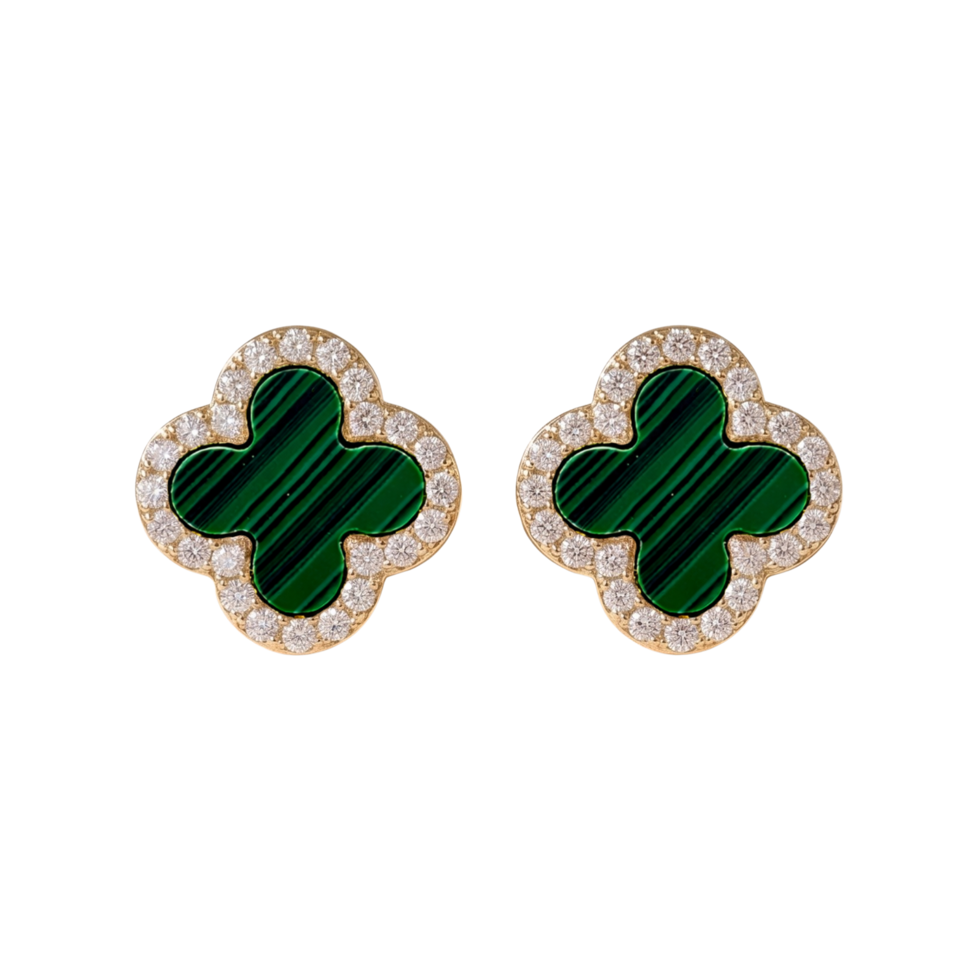 Front view of Stephanie clover stud earrings in S925 sterling silver with 18K gold plating, featuring green malachite and zircon halo.