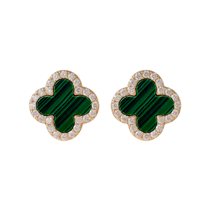 Front view of Stephanie clover stud earrings in S925 sterling silver with 18K gold plating, featuring green malachite and zircon halo.