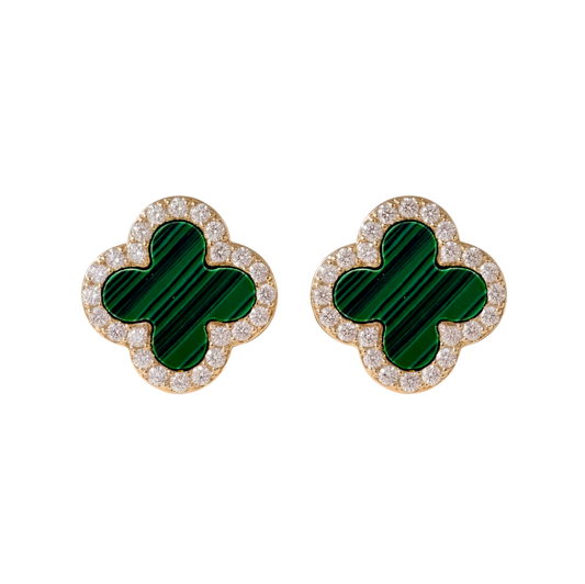 Front view of Stephanie clover stud earrings in S925 sterling silver with 18K gold plating, featuring green malachite and zircon halo.