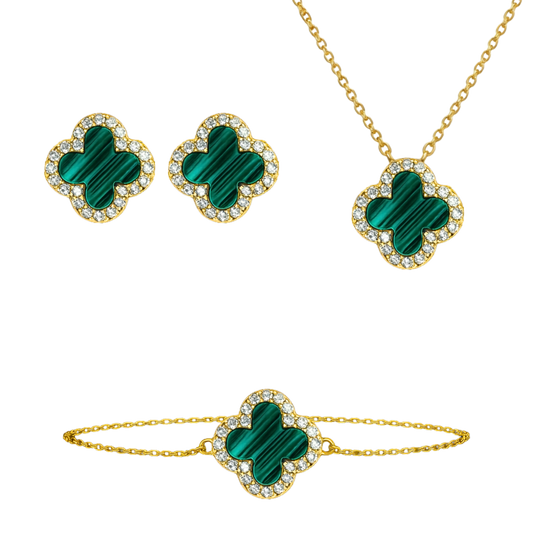 Stephanie clover jewelry set made of S925 sterling silver with 18K gold plating, featuring matching necklace, bracelet, and stud earrings with zircon accents. Elegant sterling silver jewelry set for women.