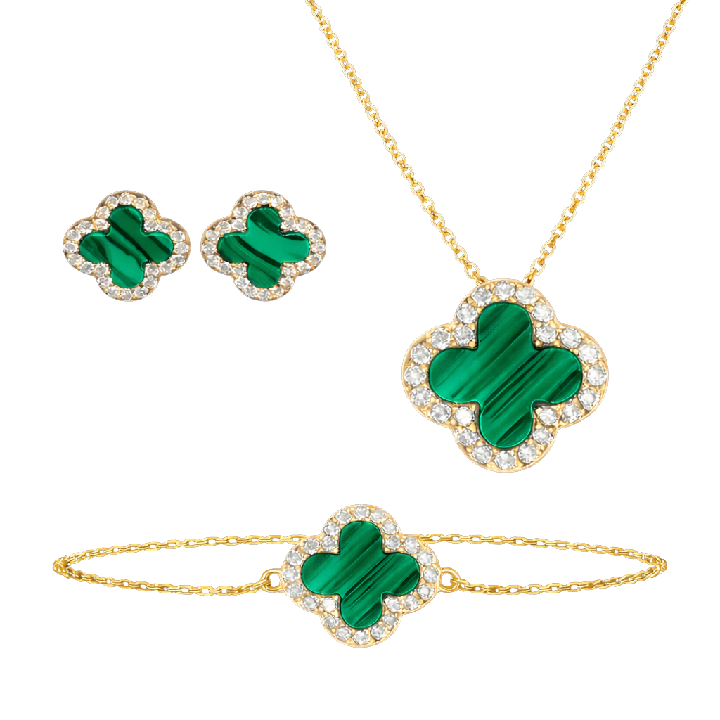 Stephanie clover jewelry set made of S925 sterling silver with 18K gold plating, featuring matching necklace, bracelet, and stud earrings with zircon accents. Elegant sterling silver jewelry set for women.