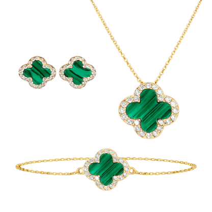 Stephanie clover jewelry set made of S925 sterling silver with 18K gold plating, featuring matching necklace, bracelet, and stud earrings with zircon accents. Elegant sterling silver jewelry set for women.