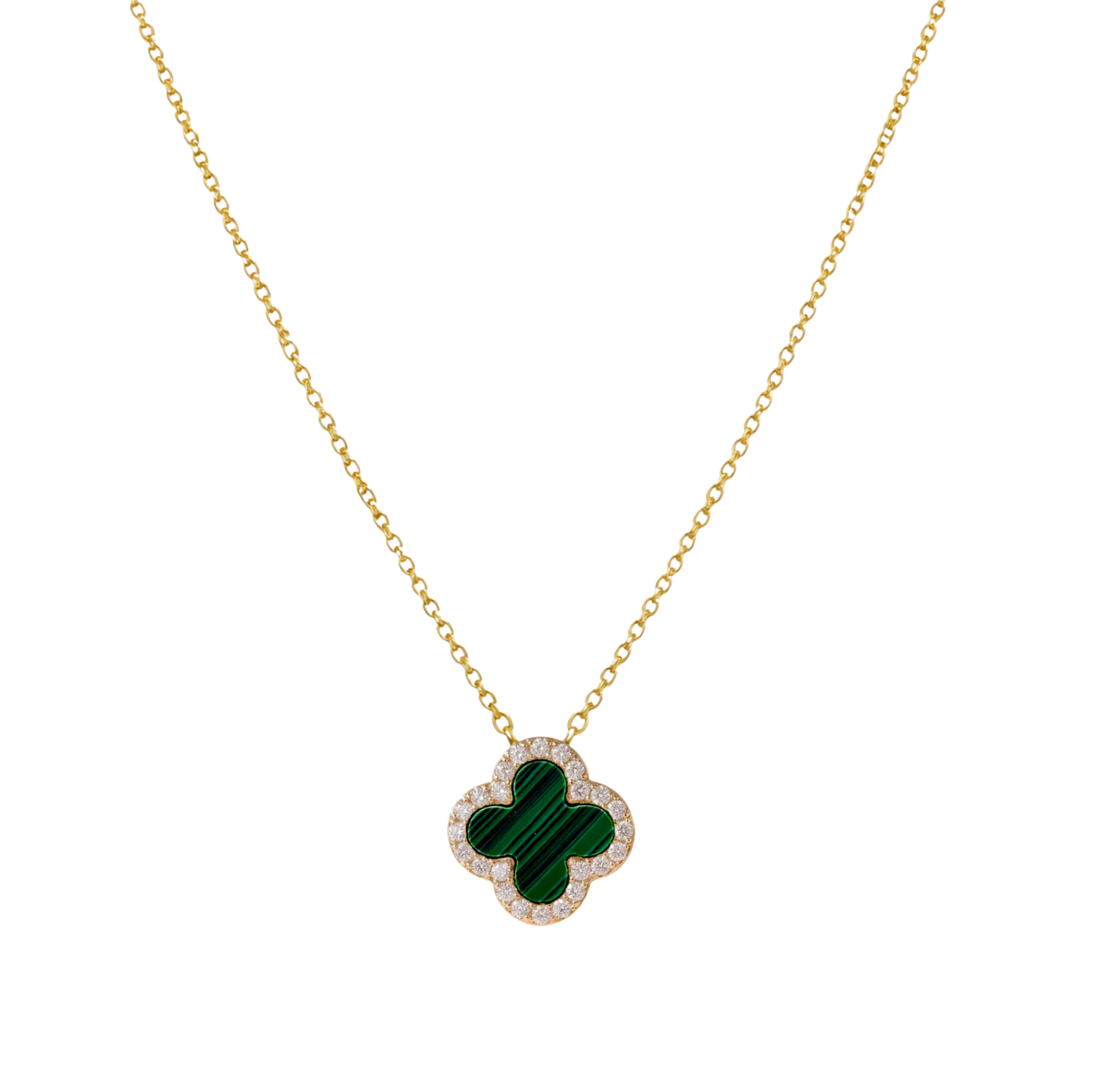 Front view of Stephanie clover necklace in green stone, sterling silver jewelry with 18k gold plating and zircon details.