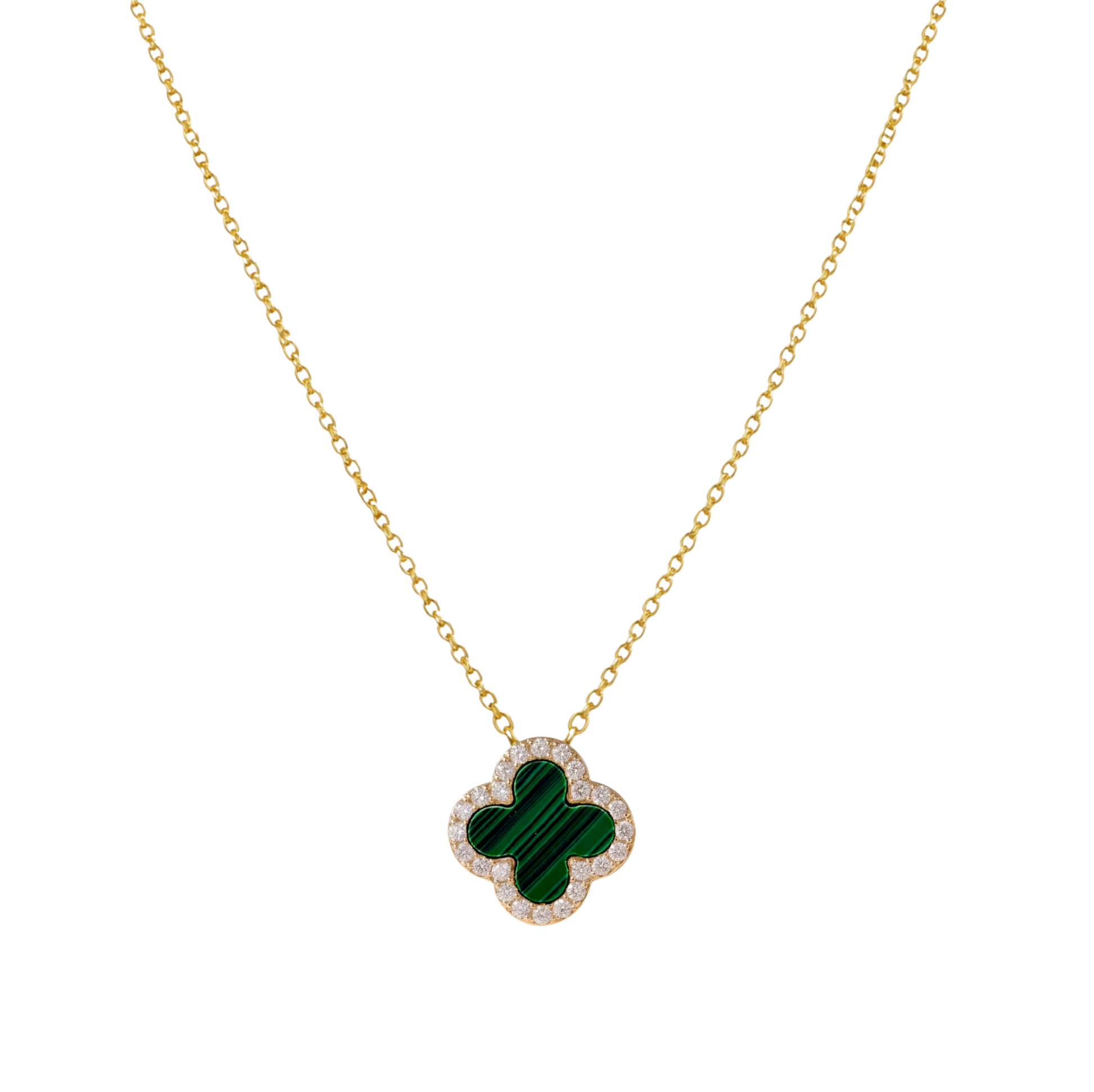Front view of Stephanie clover necklace in green stone, sterling silver jewelry with 18k gold plating and zircon details.