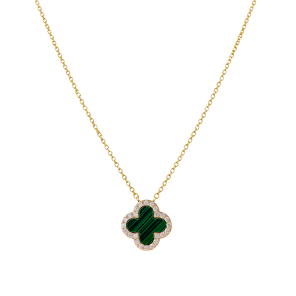 Front view of Stephanie clover necklace in green stone, sterling silver jewelry with 18k gold plating and zircon details.