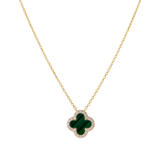 Front view of Stephanie clover necklace in green stone, sterling silver jewelry with 18k gold plating and zircon details.