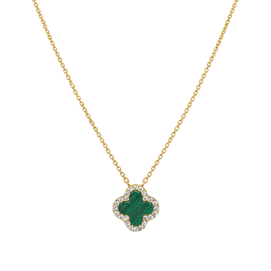 Front view of Stephanie clover necklace in green stone, sterling silver jewelry with 18k gold plating and zircon details.