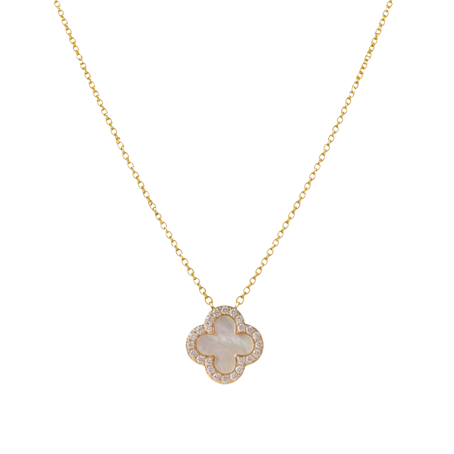 Front view of Stephanie white clover necklace in sterling silver jewelry, 18k gold plated with zircon stones.