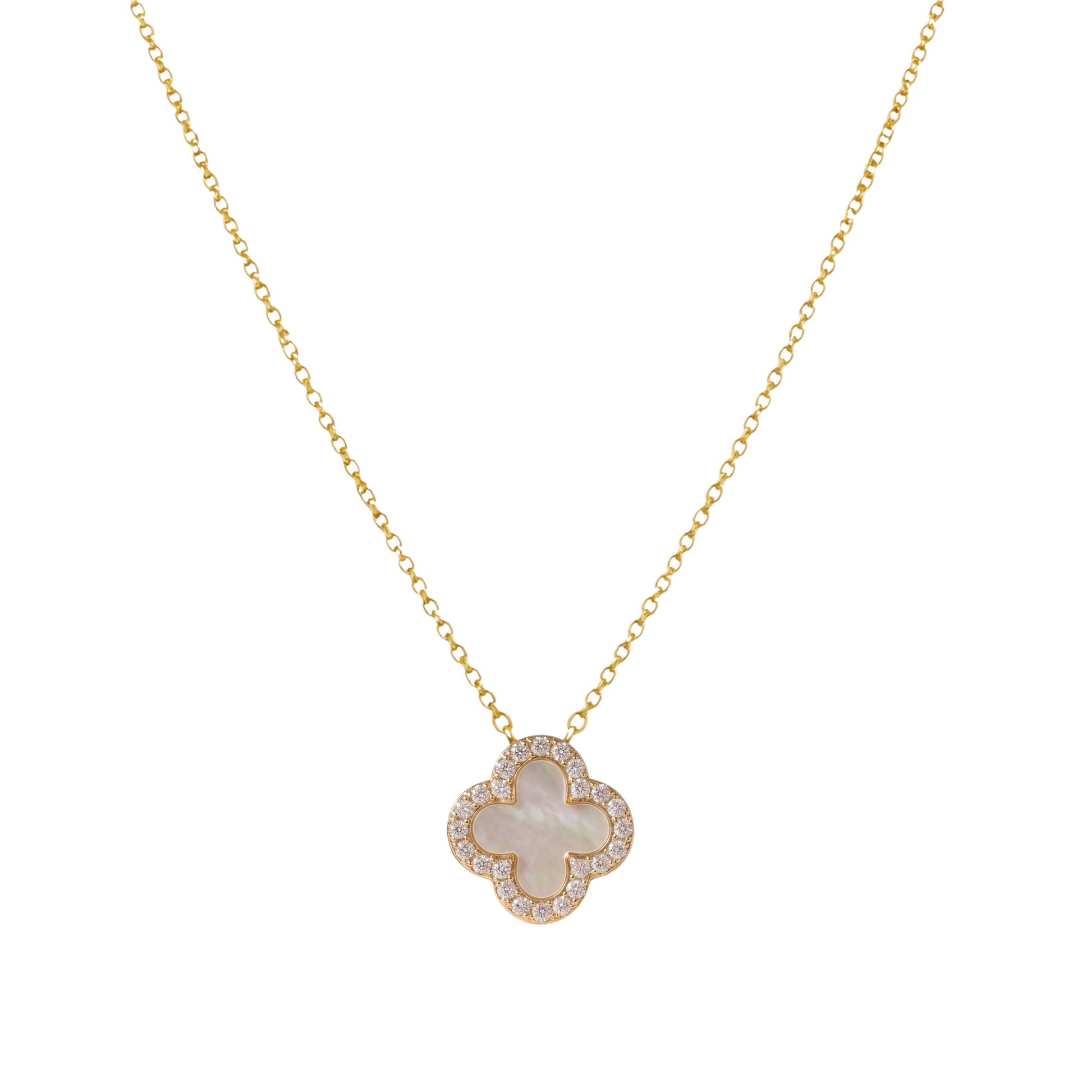 Front view of Stephanie white clover necklace in sterling silver jewelry, 18k gold plated with zircon stones.