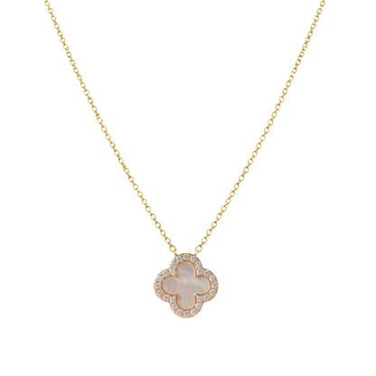Front view of Stephanie white clover necklace in sterling silver jewelry, 18k gold plated with zircon stones.