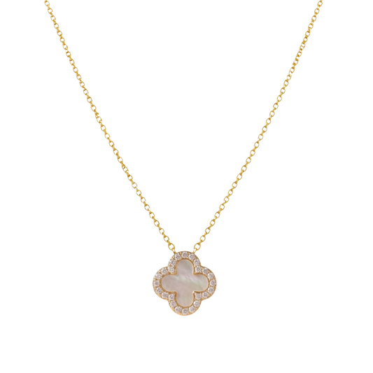 Front view of Stephanie white clover necklace in sterling silver jewelry, 18k gold plated with zircon stones.