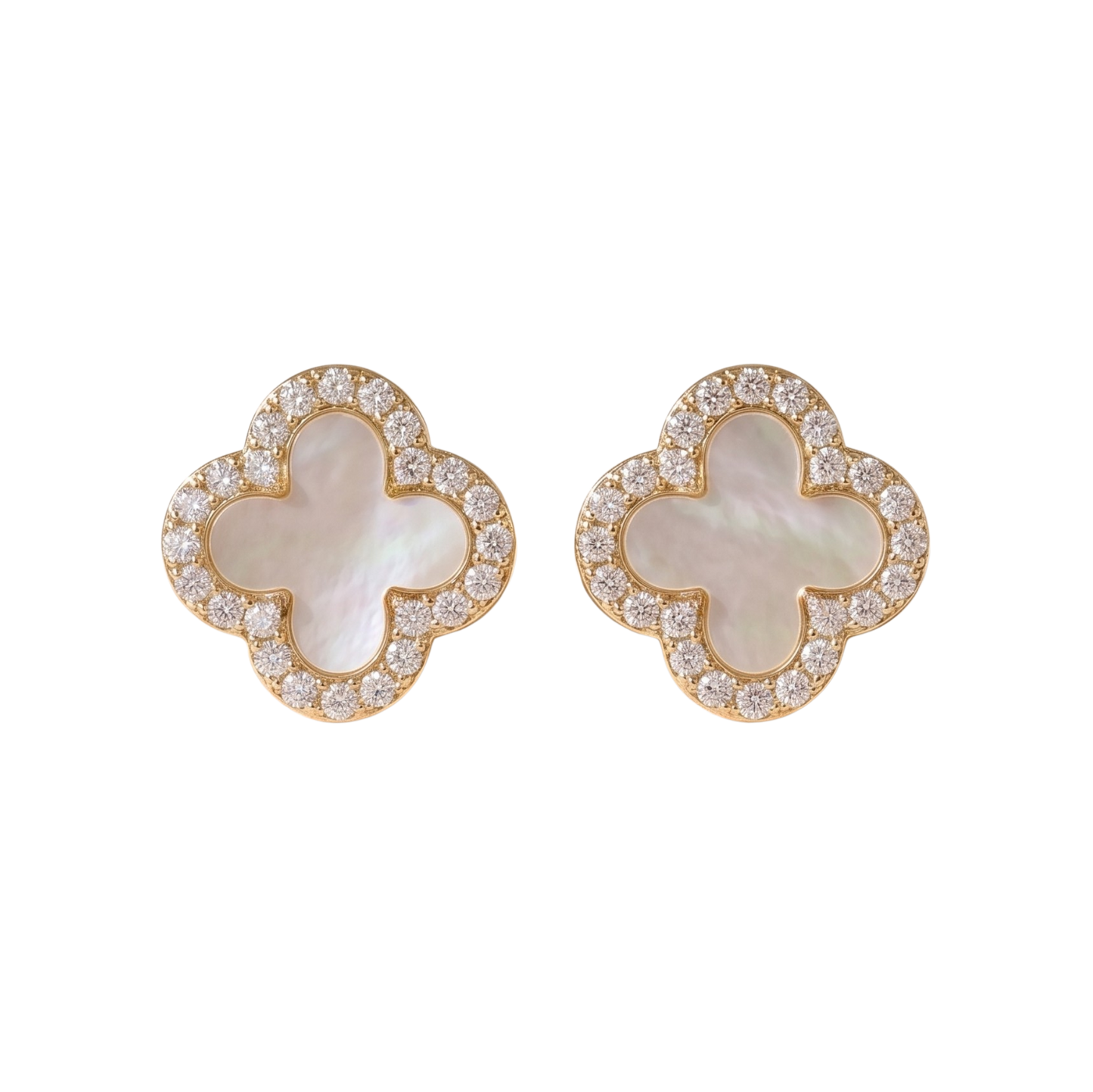 White Stephanie Clover Stud Earrings in sterling silver S925 with white clover design, available in 18k gold plated or rhodium plated finish. Elegant fine jewelry earrings, hypoallergenic and perfect for everyday wear.