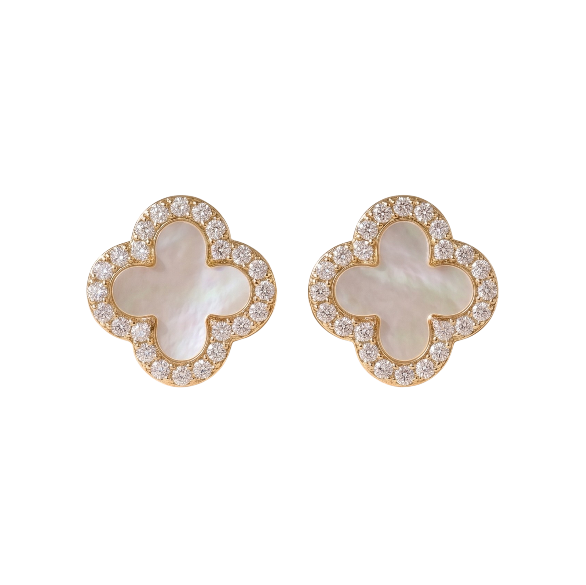 White Stephanie Clover Stud Earrings in sterling silver S925 with white clover design, available in 18k gold plated or rhodium plated finish. Elegant fine jewelry earrings, hypoallergenic and perfect for everyday wear.
