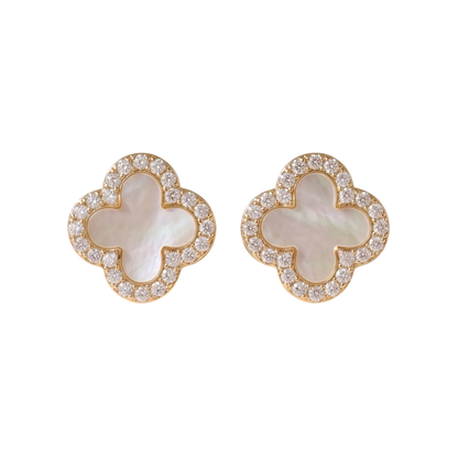 White Stephanie Clover Stud Earrings in sterling silver S925 with white clover design, available in 18k gold plated or rhodium plated finish. Elegant fine jewelry earrings, hypoallergenic and perfect for everyday wear.