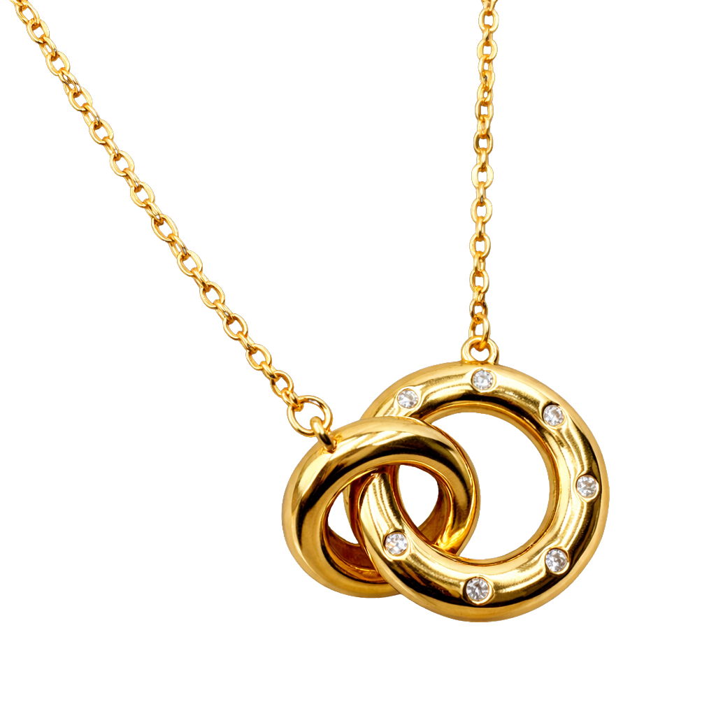 Front view of Valentina interlocking rings necklace made from sterling silver with 18K gold plating and sparkling zircon stones. Elegant silver jewelry for everyday wear.