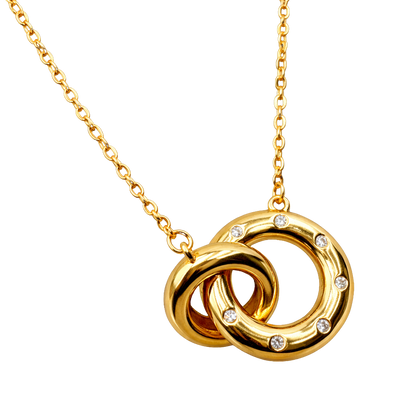 Front view of Valentina interlocking rings necklace made from sterling silver with 18K gold plating and sparkling zircon stones. Elegant silver jewelry for everyday wear.