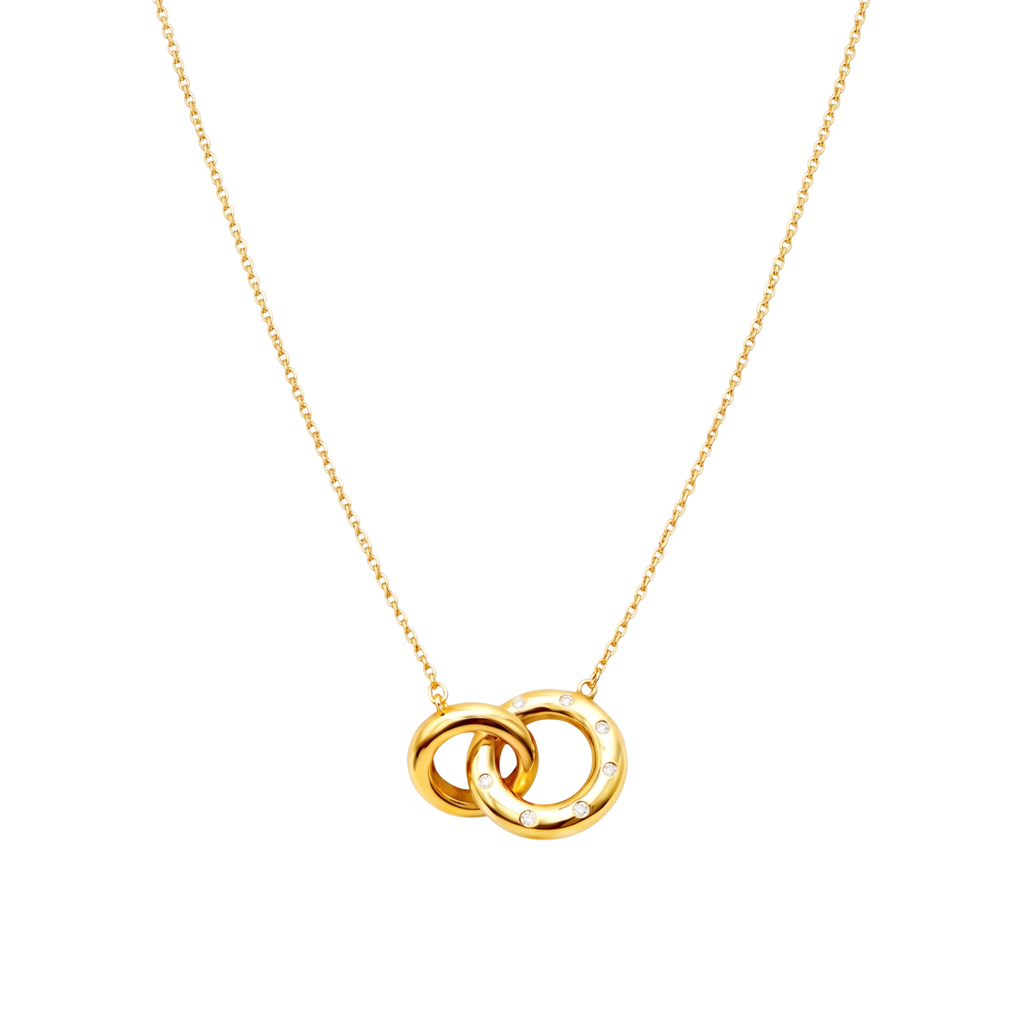 Chain and pendant view of Valentina necklace crafted from sterling silver, 18K gold plated, featuring interlocking rings jewelry with zircon accents.
