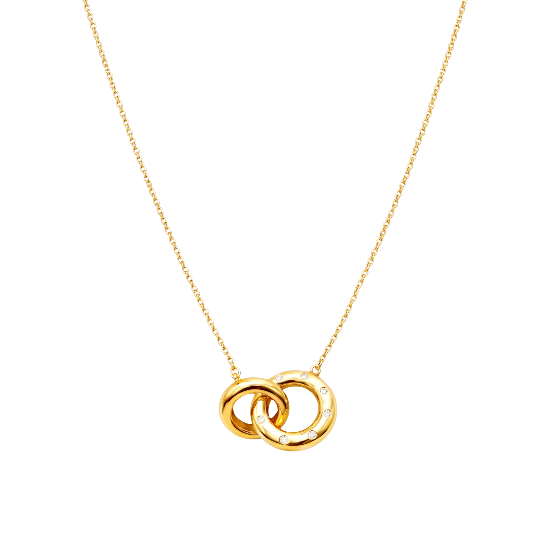 Chain and pendant view of Valentina necklace crafted from sterling silver, 18K gold plated, featuring interlocking rings jewelry with zircon accents.